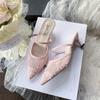 High heels women's spring and summer new bag head half drag temperament pointed lace mesh stiletto slippers women