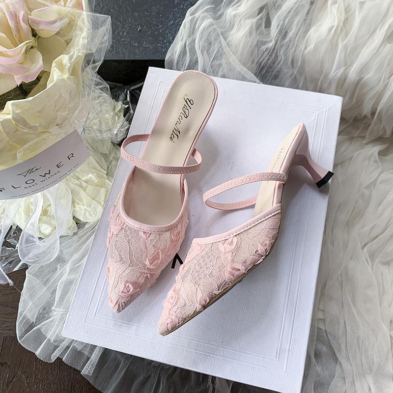 High heels women's spring and summer new bag head half drag temperament pointed lace mesh stiletto slippers women