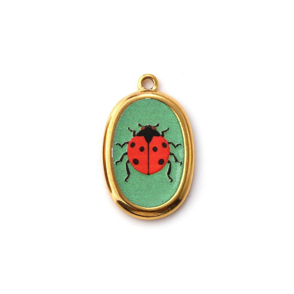 2PCs Creative 304 Stainless Steel Insect Charms For Jewelry Making 18K Gold Plated Oval Ladybug Necklace Pendant 28mm X 17.5mm