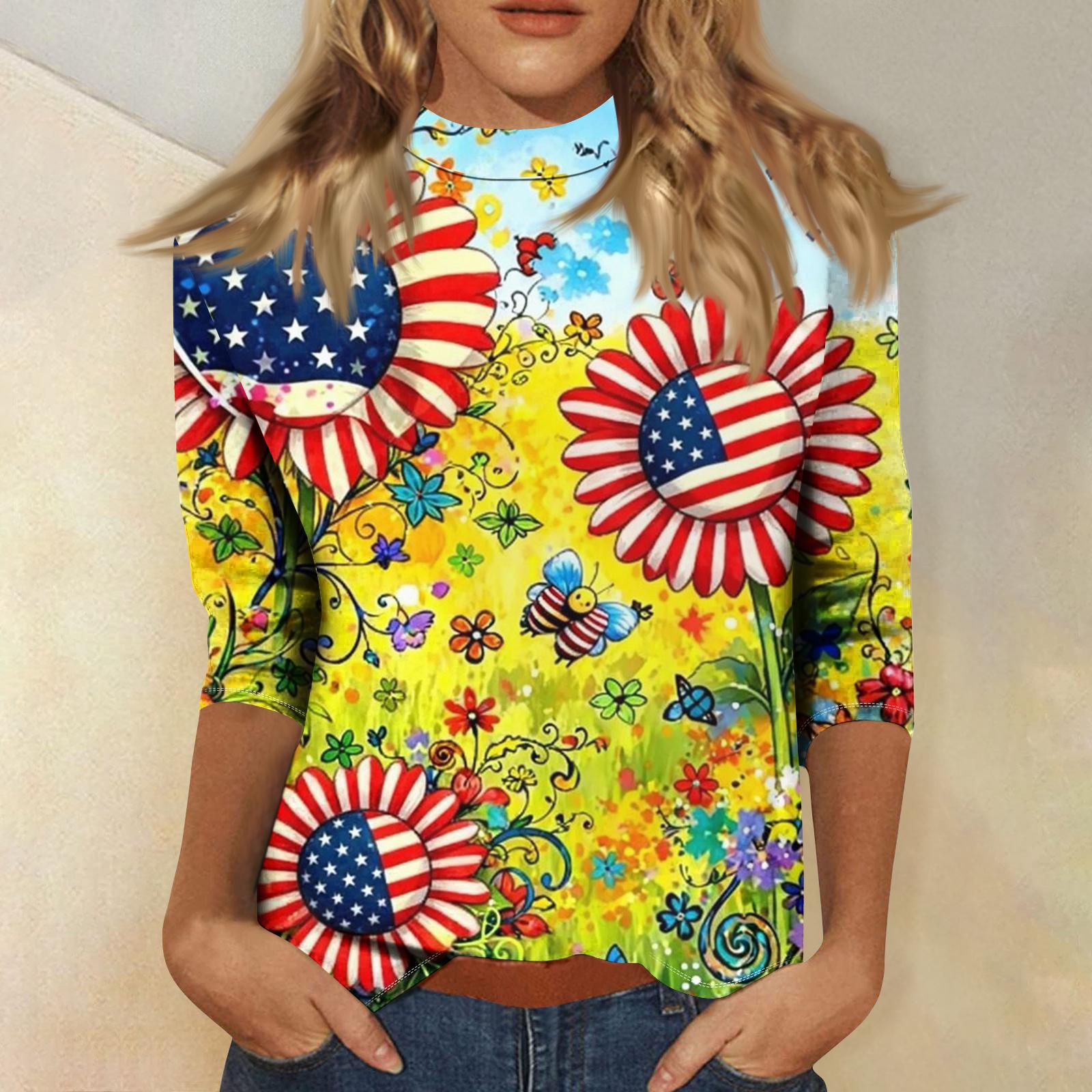

Women s Fashionable Casual Mid-Neck 3/4 Sleeve Independence Day Print T-Shirt Top XL жовтий