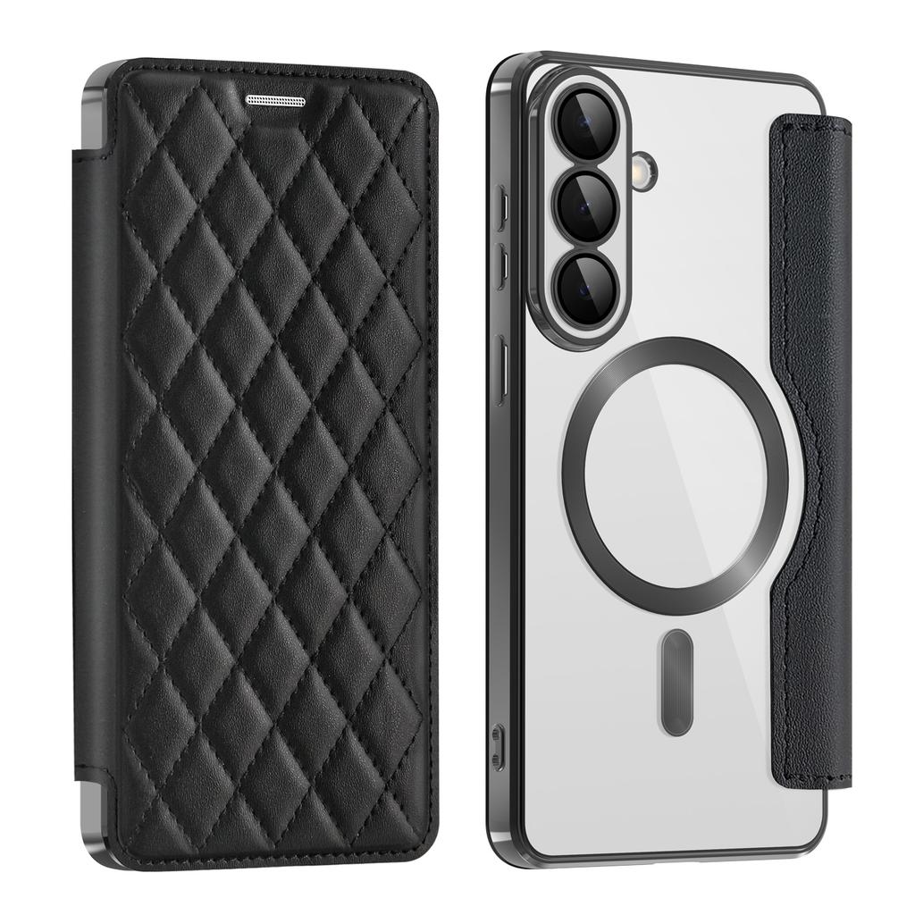For Samsung Galaxy S26+ Magnetic Case RFID Blocking Card Holder Rhombus PU Leather Phone Cover with Lens Film