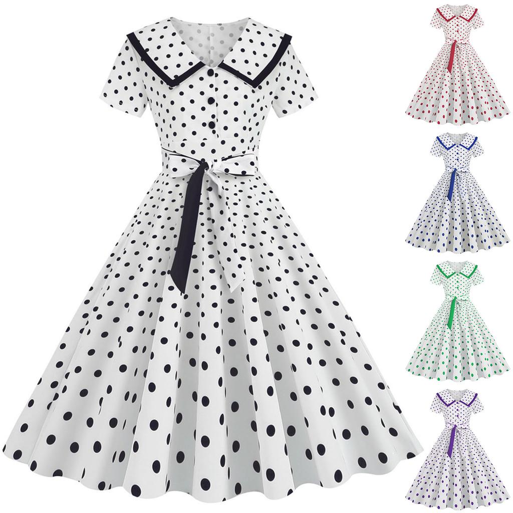Women's Fashion Lapel Vintage Polka Dot Print Maxi Dress with Belt