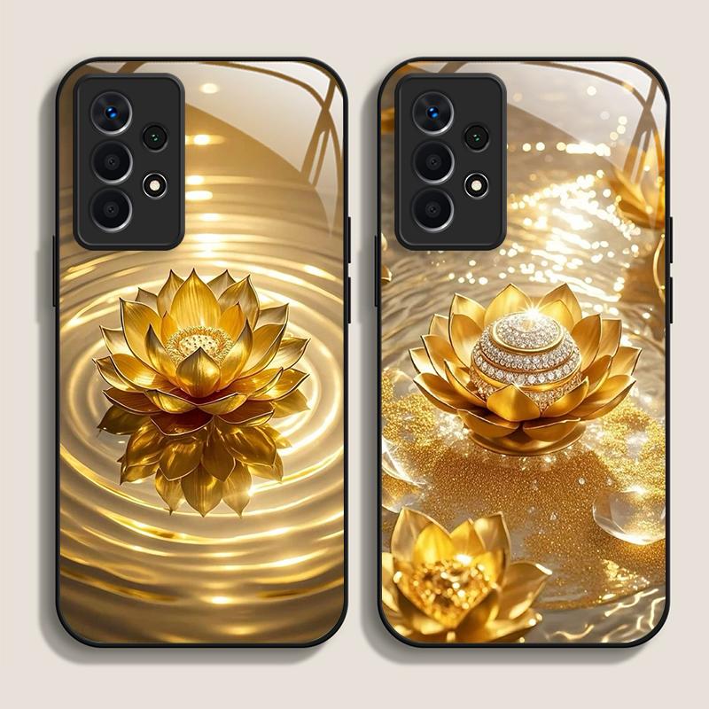 Creative Golden Lotus Flower Pattern Tempered Glass Phone Case for Samsung Galaxy S25 Ultra S24 S23 Plus S22 S21 S20 FE 5G Cover