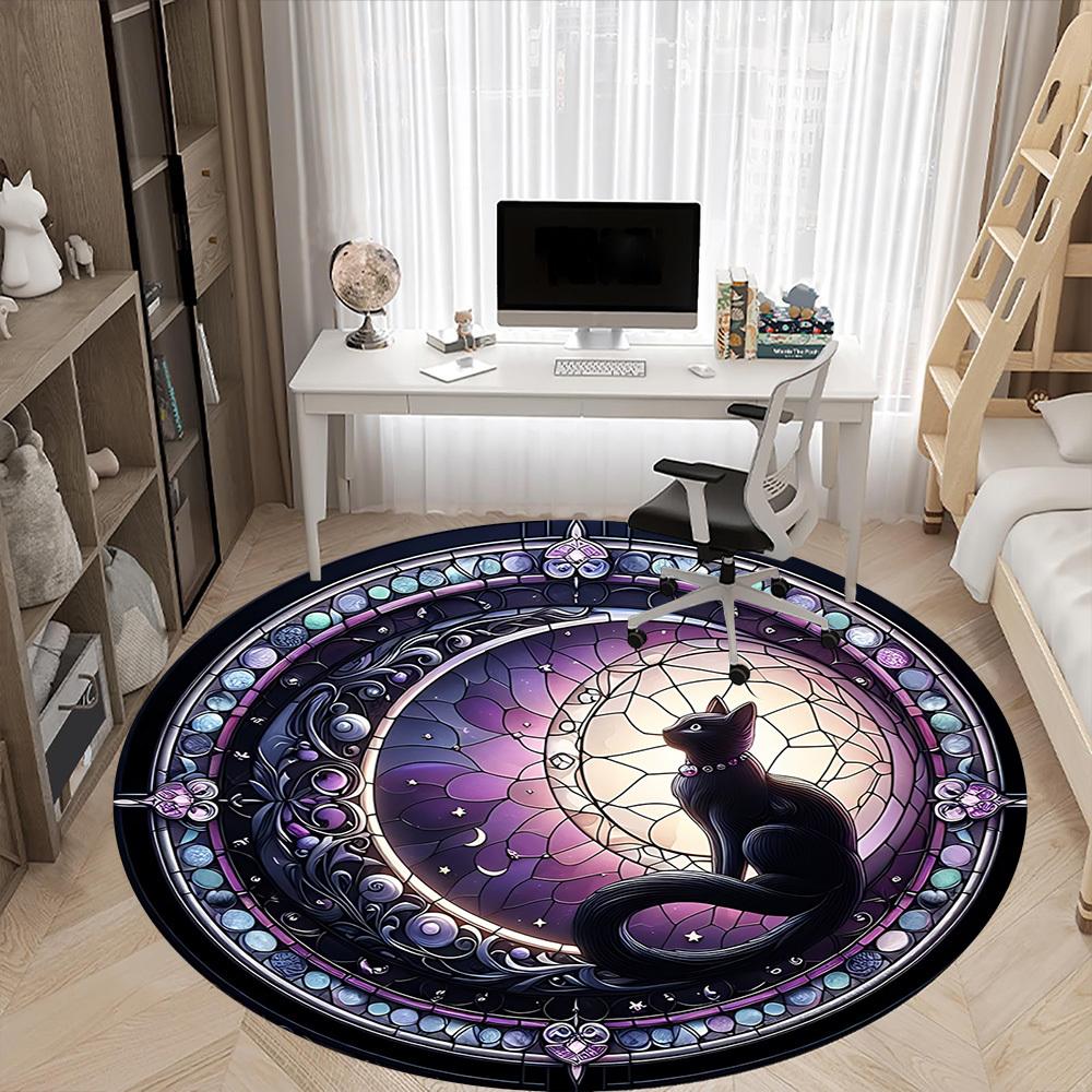 1pc Stained Glass Cat Office Round Area Rug, Indoor Mat Suitable ForOffice, Under Office Chairs Bedroom Living Room Home Decor, Room Deco,  T142