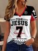 Red, White and Black Contrast Stitching V-neck Short-sleeved T-shirt for Women Team Jesus Size 7