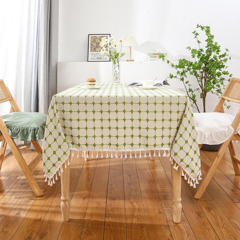 Modern Simple Table Cloth Embroidered Checkered Tablecloth Cotton Linen Fabric Small Fresh Tea Table Rectangular Table Mat