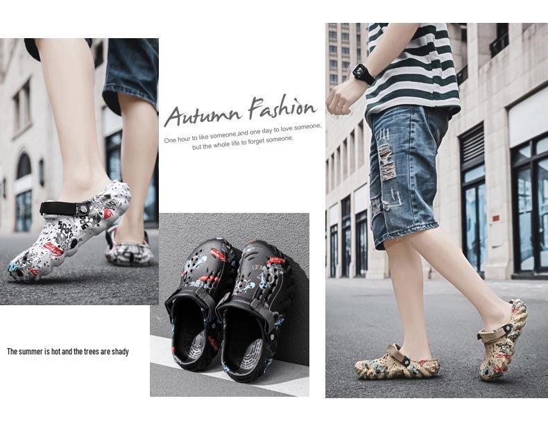 Sandale EVA cu talpă groasă și imprimeu graffiti pentru bărbați: Încălțăminte versatil cu găuri pentru vad și plajă