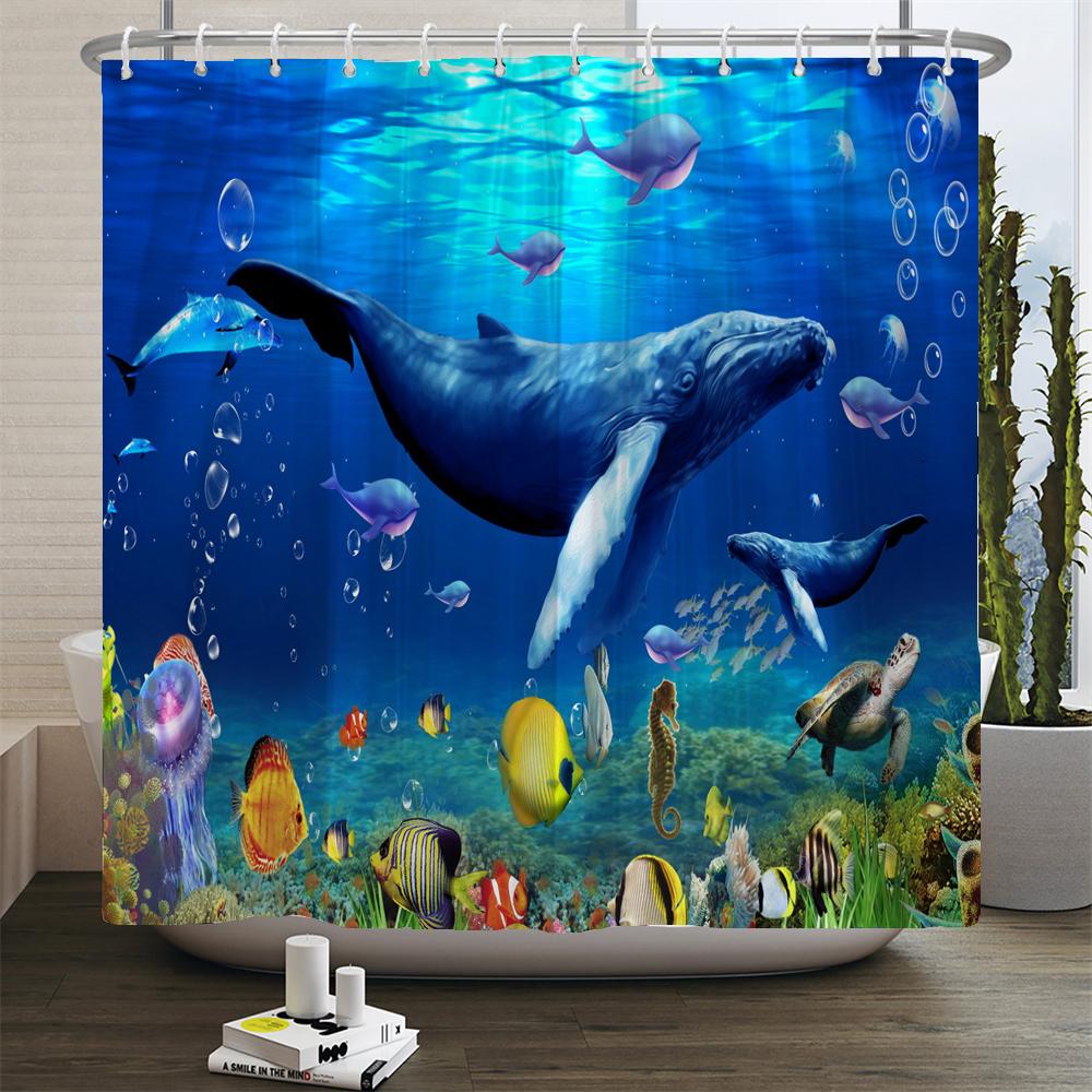 Ocean Underwater World Turtle Dolphin 3D Printing Shower Curtain Bathroom Curtain Waterproof Polyester Bath Curtains with Hooks