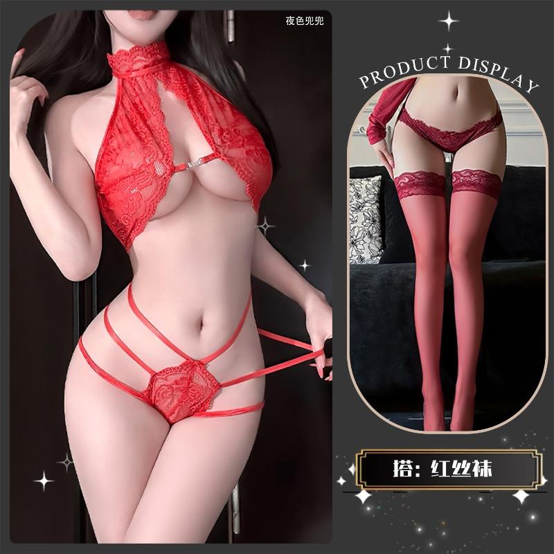Sex underwear charm lace hollow sexy three-point flirting perspective free set qqny witch game