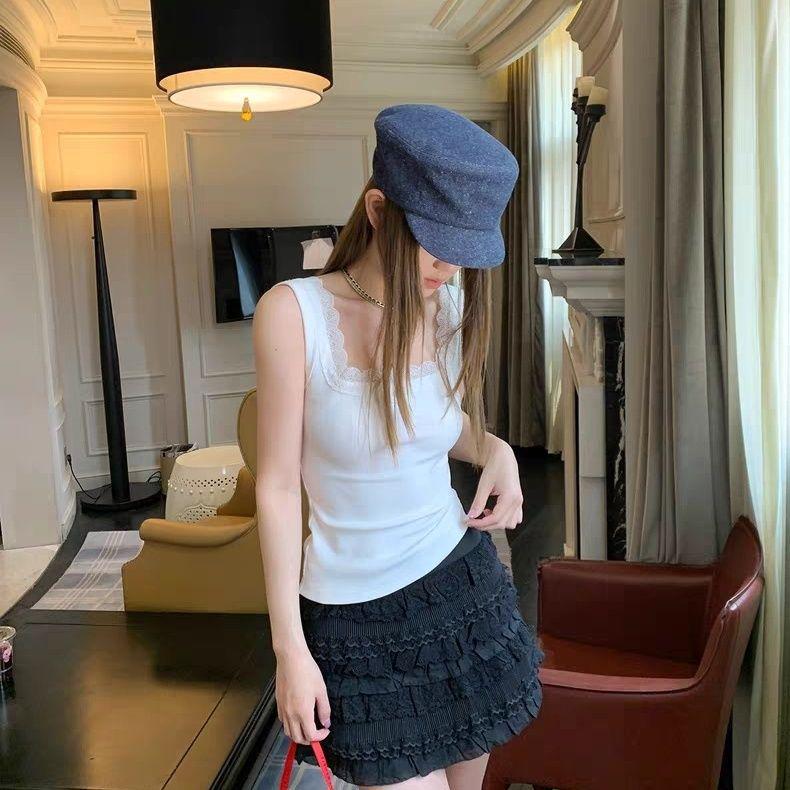 Women's Plus Size Slim Fit Square Neck Lace Camisole - Spring/Summer 2025 Trendy Sleeveless Base Layer