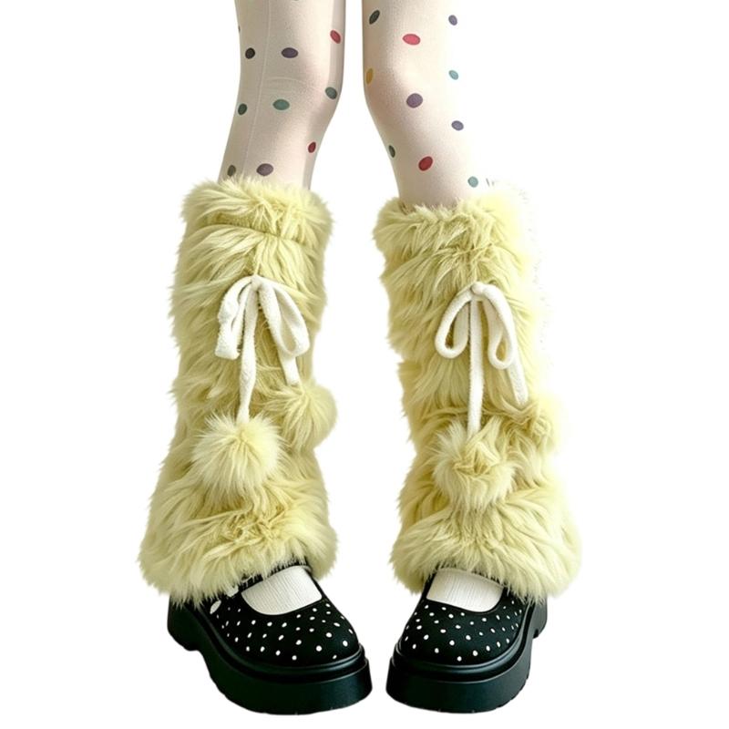 Plush Leg Warmers for Fall and Winter Layering, with Flared Lower Openings, and Bowknot Accent, Thick Faux Furs Boot Covers Long Socks for Women