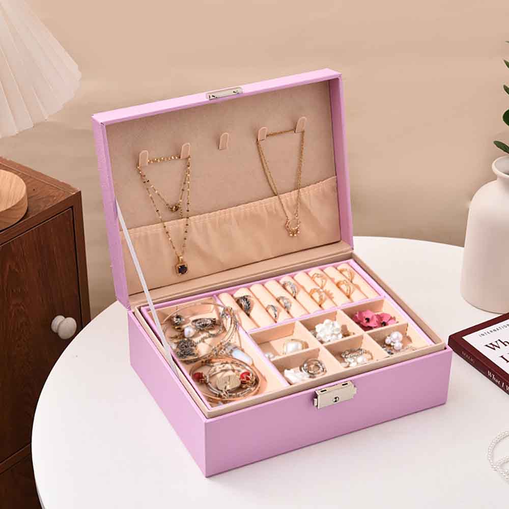 Double Layer Jewelry Box PU Leather Organizer with Lock for Earrings Rings Necklaces Bracelets Storage Case