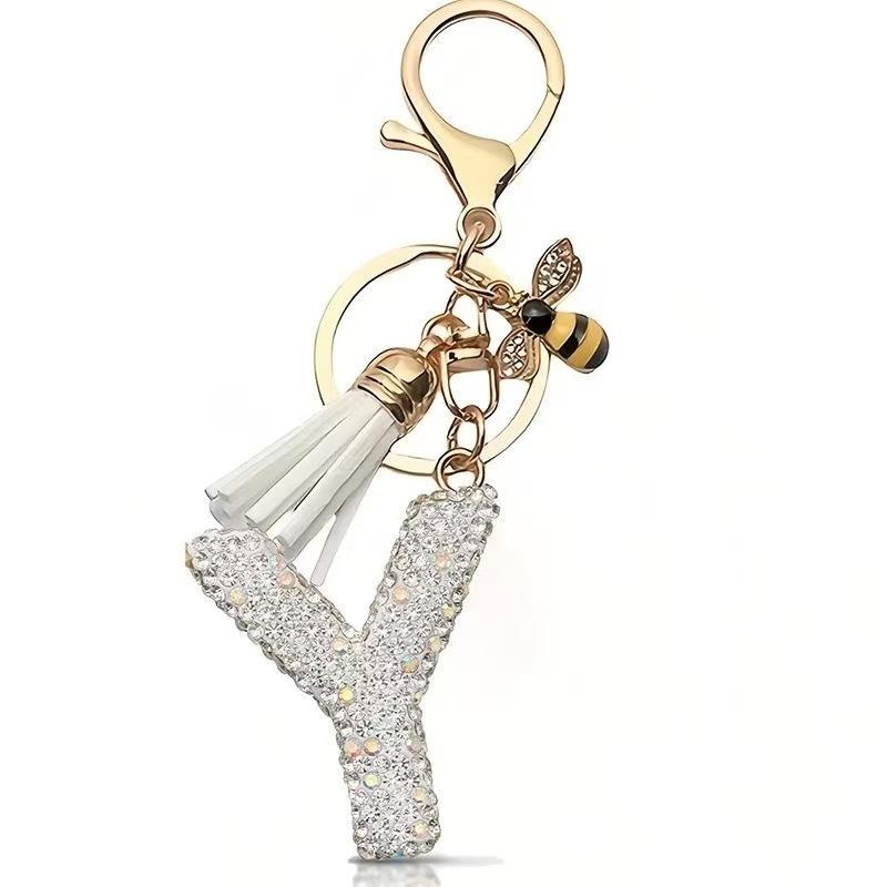 Błyszczący Rhinestone Litera Początkowa A Z Brelok Uroczy Breloczek z Pszczółką Ozdoba z Frędzli Spersonalizowane Prezenty Na Kluczyki Samochodowe Torbę