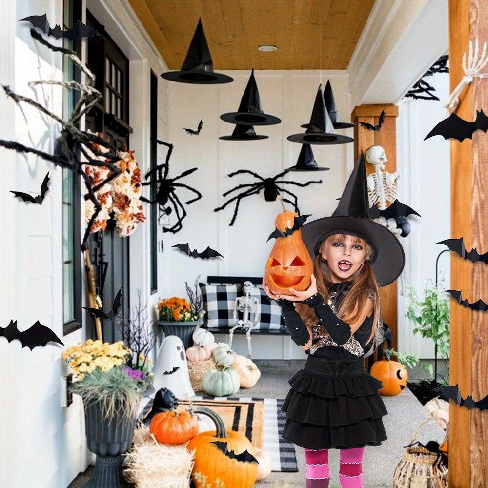 12pcs Black Halloween Witch Hats With 24pcs 3D Bats Wall Decor Halloween Costume Witch Accessories Caps Fancy For Halloween Party Decoration