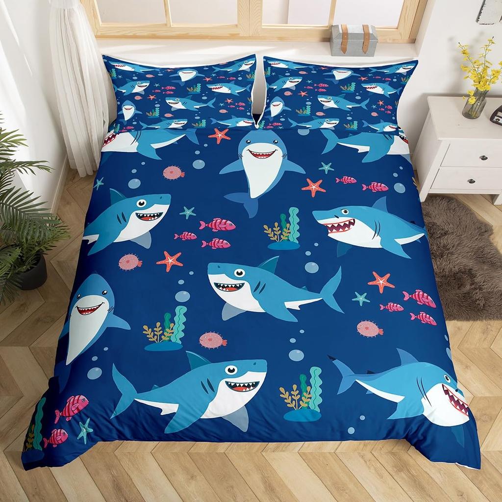 Shark Duvet Cover Queen Marine Life Comforter Cover Blue And White Cartoon Shark Bedding Set Nautical Ocean Theme Quilt Cover