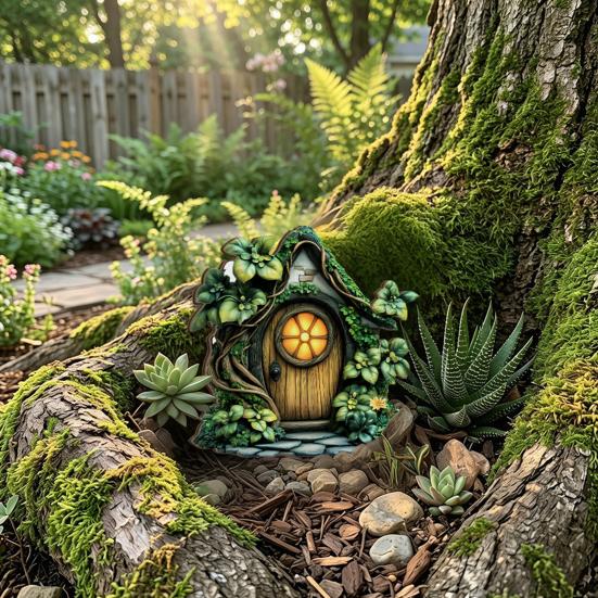 Wooden Fairy Garden Decoration, Tree Hollow Cottage Door with High-Definition UV Printing, Waterproof Acrylic Outdoor Garden Ornament for Plants Pots