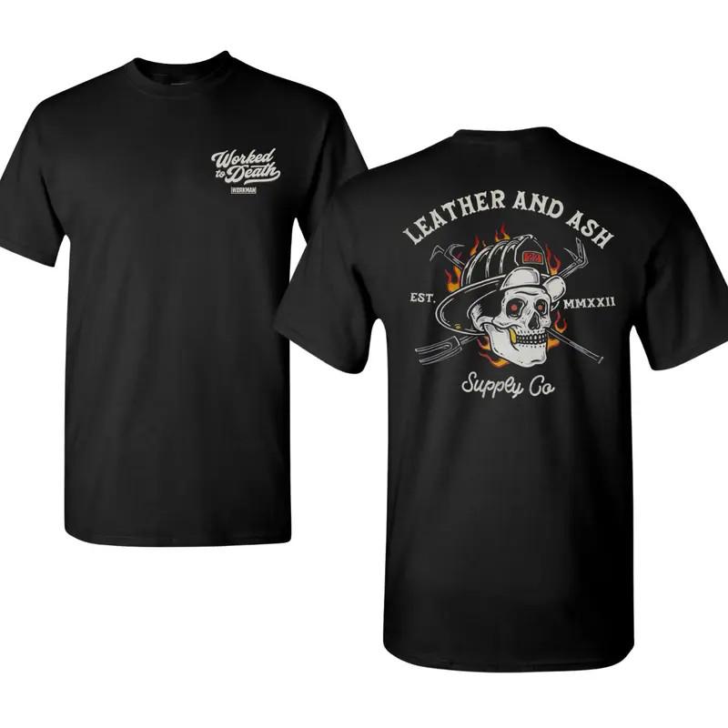 Leather and Ash Firefighter Shirt, Skull Firefighter Helmet Graphic Tee S