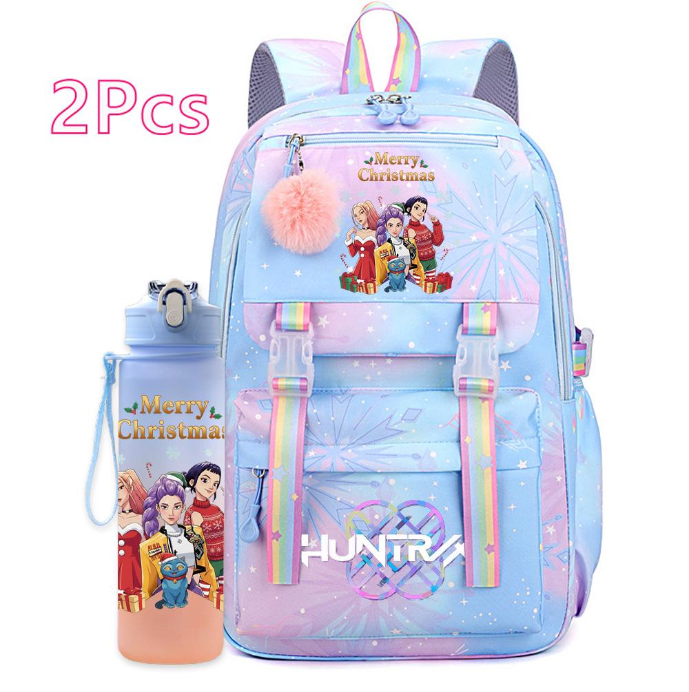 2Pcs/set Christmas K-pop Printed Backpack with 750Ml Water Bottler Large Capacity Travel Bag for Teenager Girl Boy Bookbag Kid Gift Large Capacity Bag