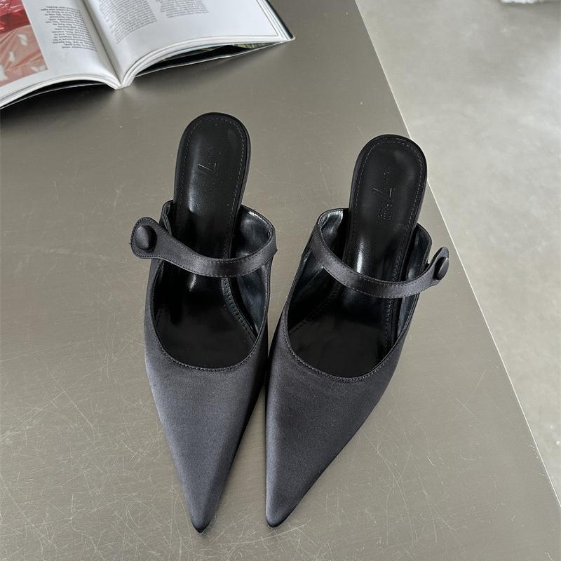 Fashion Hot Selling 2025 Satin Button Pointed Toe Pumps Women Slipper Fashion Shallow Thin High Heels Mule Ladies Shoes Zapatos De Mujer