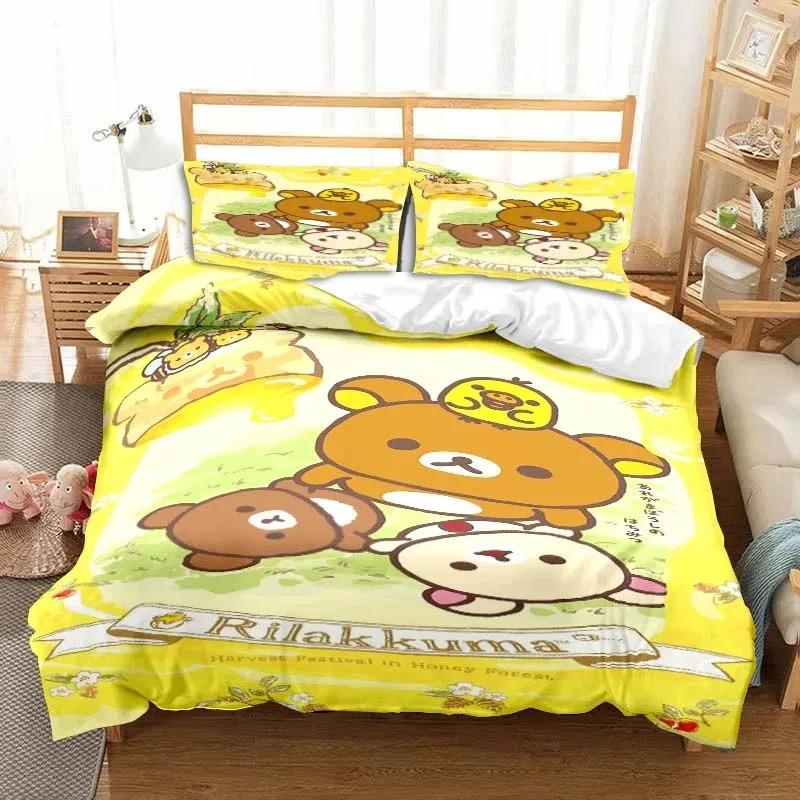 3dCartoon Rilakkuma Ayı Yatak Takımı Yorgan Kılıfı Yatak Takımı Yorgan Kılıfı Yastık Kılıfı Yorgan King Queen Boy Erkek Çocuk Yetişkin Yatak Takımı