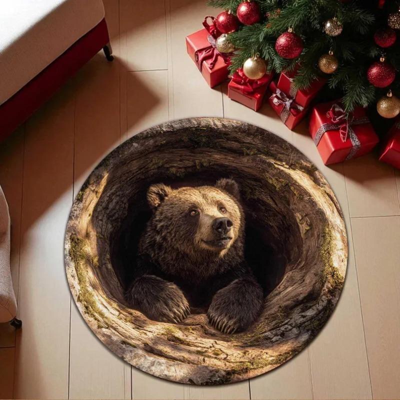 3D Woodland Bear Carpet, Realistic Furry Bear Peeking From Tree Hollow, Lifelike Circular Rug for Cabin & Lodge Decor Beautiful