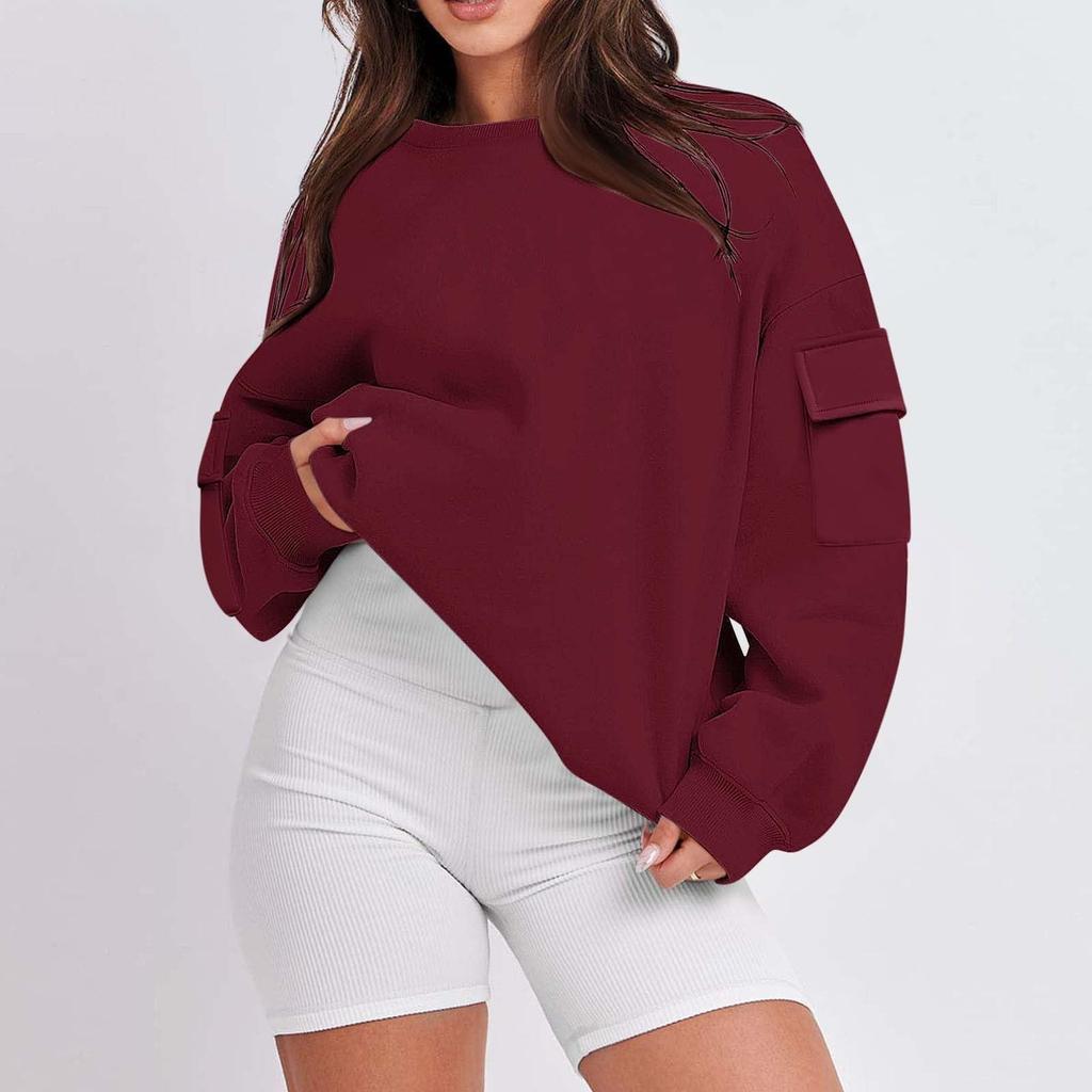 Women's Fashion Casual Solid Color Autumn And Winter Loose Round Neck With Pocket Pullover Sweatshirt Top