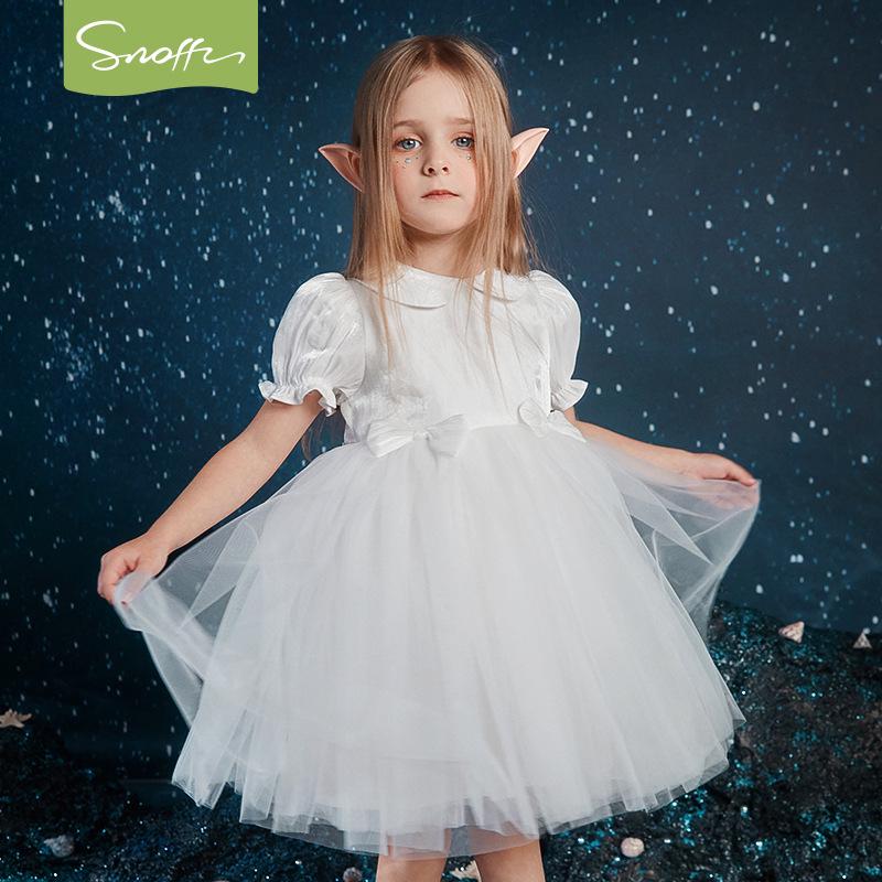 Snuffy Girls 2026 Summer Bow Princess Dress - Stylish Short-Sleeve Gauze Dress for Girls 130cm (for height 125-135cm)