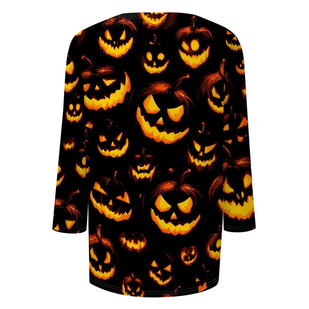Women Casual 3/4 Sleeve Halloween Print Pullover Top Round Neck Lightweight Soft Fabric Comfortable Fit