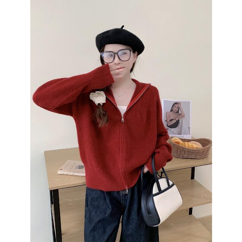 Autumn and winter new loose lazy soft waxy hooded double zipper knitted cardigan women's simple casual versatile sweater jacket
