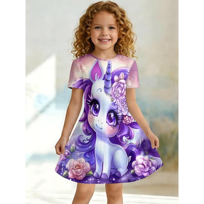 Lila Blume Einhorn Print T-Shirt Kleid für Mädchen, Ein glänzendes Freizeitkleid für Tierliebhaber Kinder, Geeignet für Geburtstagsgeschenke