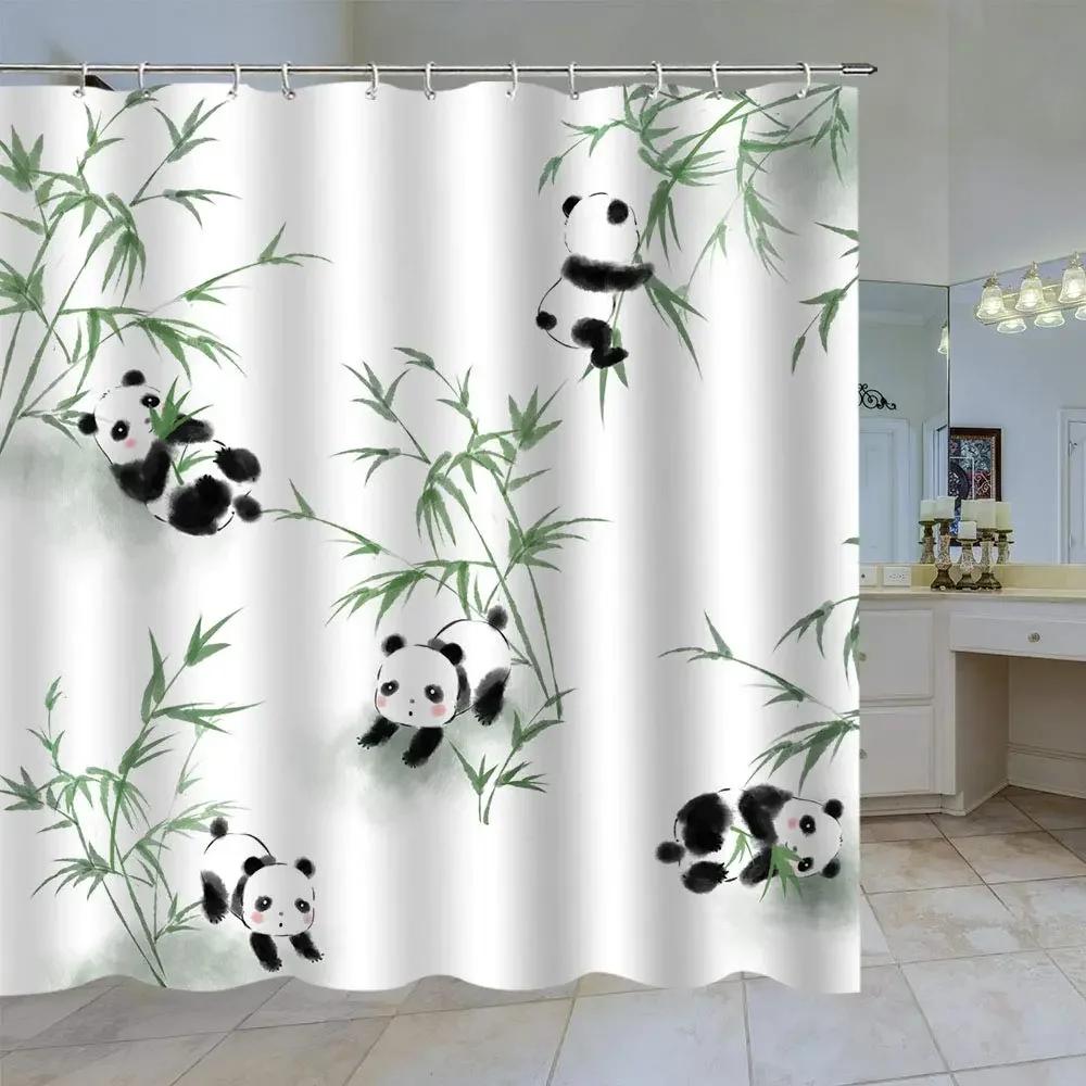 Panda Bamboo Shower Curtain, Cartoon Funny Cute Blue Sky Rainbow Kids Bamboo Forest Animals Birds, Bathroom Decorative Fabrics