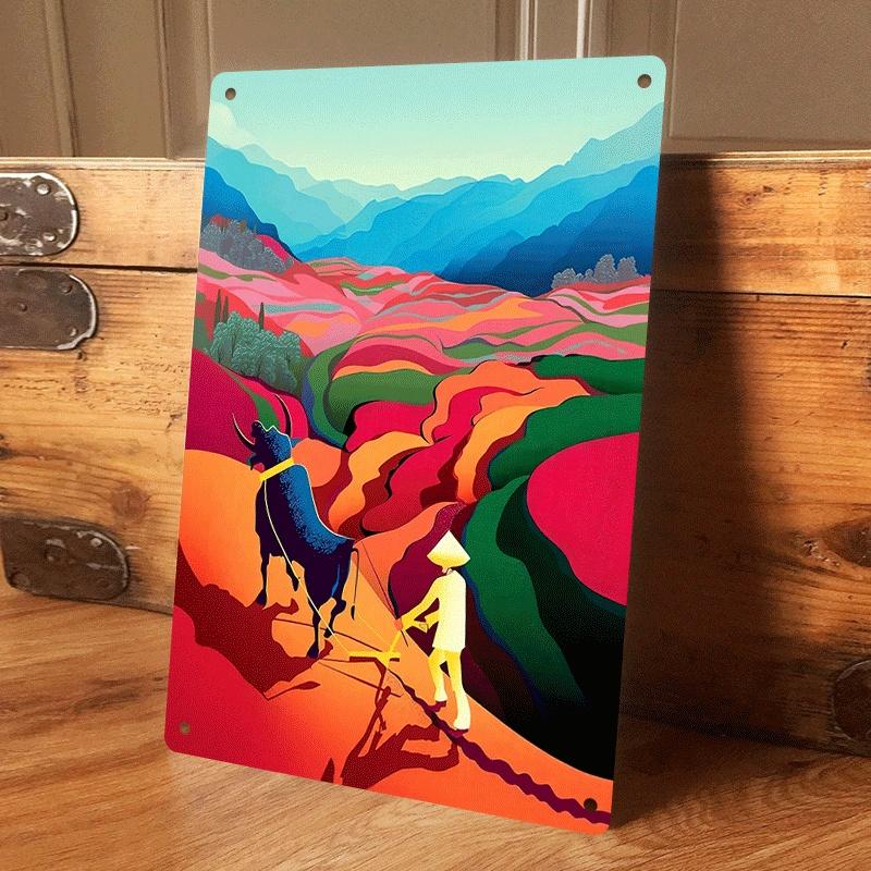 

1 piece of colorful terraced farming scene tin painting, living room/study wall decoration, modern minimalist home decor, Southe (as the picture,20x30cm)