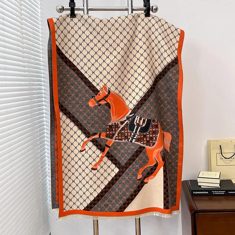 Winter New Cashmere Feel Scarf Horse Print Thicken Warm Pashmina Foulard Lady Soft Bufanda Shawls Wraps