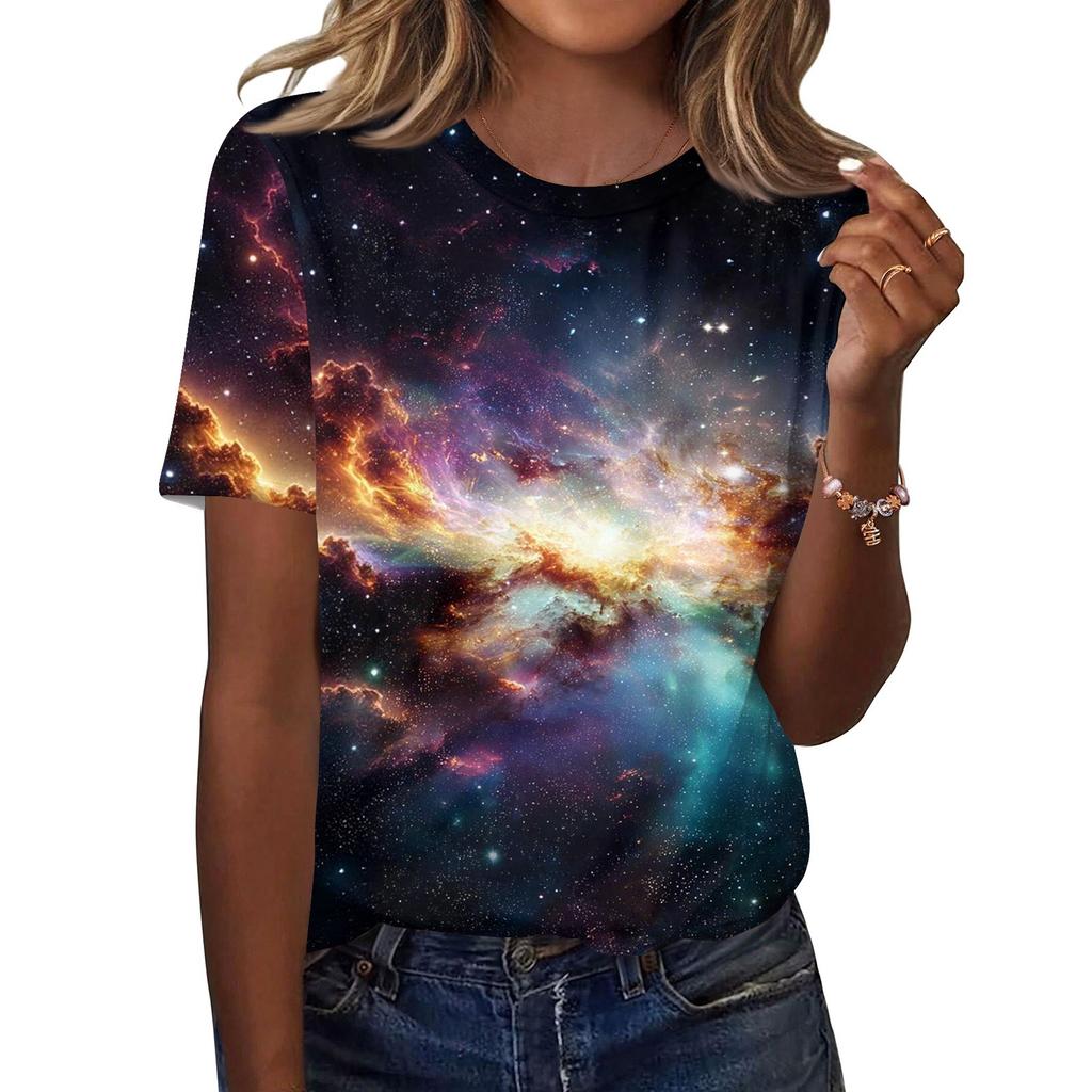 Women's Fashionable Casual Short Sleeve Print Round Neck Pullover Top