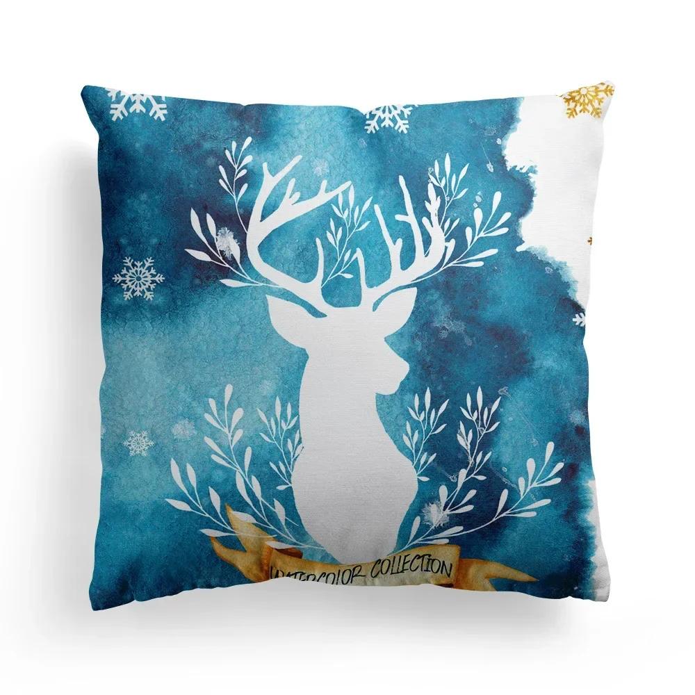 Christmas Western Blue Watercolor Elk Throw Pillow Cover With Short Plush Print For Living Room Sofa Decoration Cushion Cover