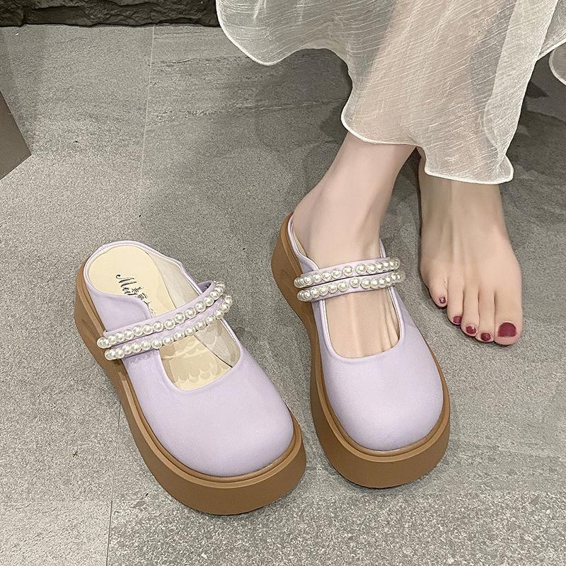 Baotou half slippers women's outer wear spring and summer new pearl thick-bottomed Mary Jane cool slippers