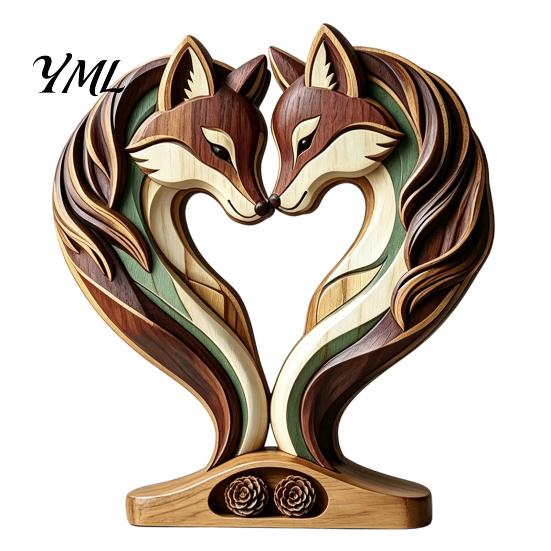 Creative Animal Love Silhouette Wooden Ornament with Stable Base, Double Layer Carved Figurine, Solid Wood Holiday Table Decor Heart Shape Sculpture