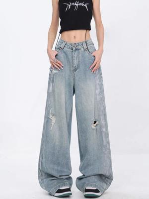 Summer American Retro Straight Trousers Women Vintage Hole Washed Loose Jeans Female Korean Fashion Design Casual Wide Leg Pants