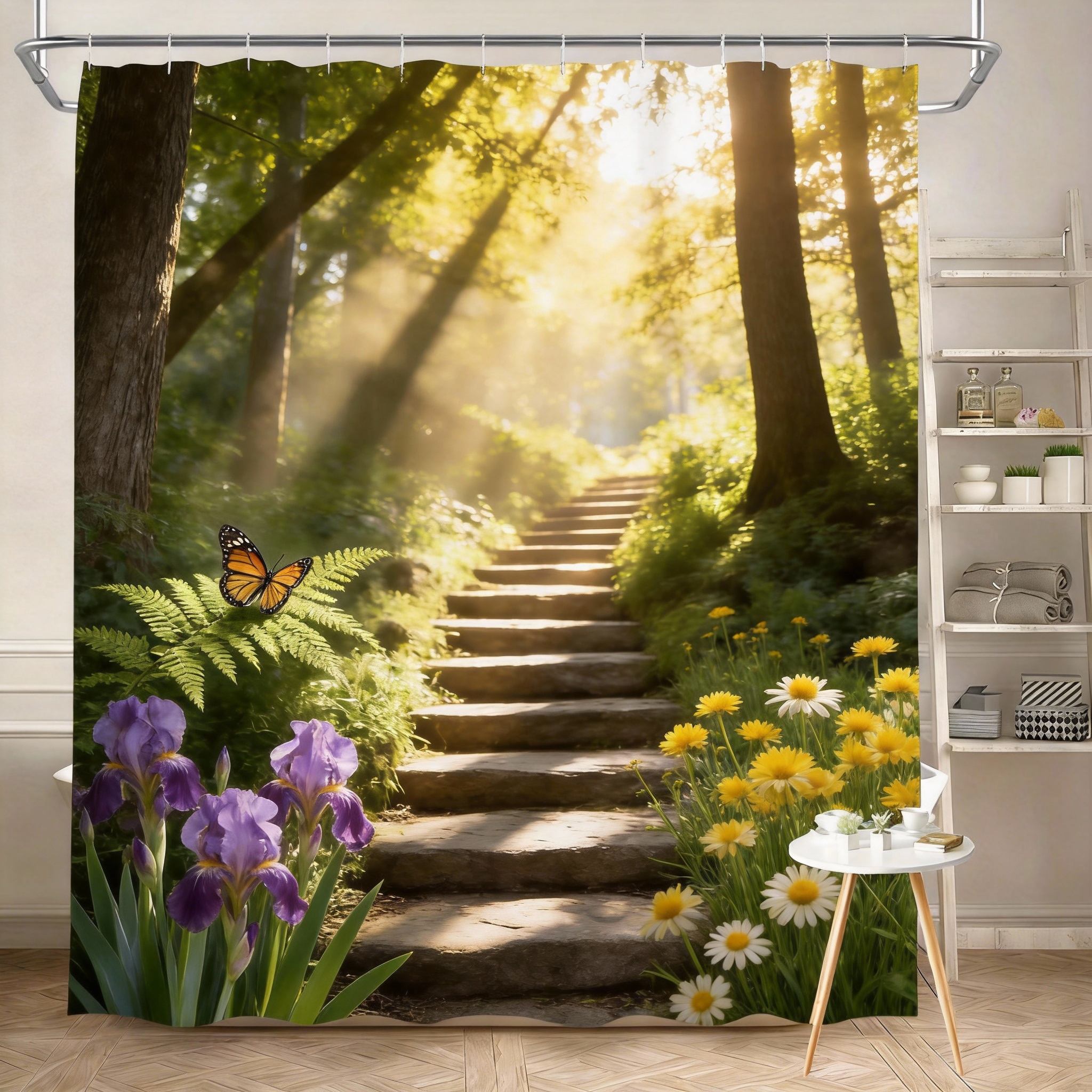 

Woodland Shower Curtain 180X180Cm – Forest Path With Moss & Trees, Tranquil Nature Bathroom Decor, 12 Hooks W60H190(CM)-1 Pcs