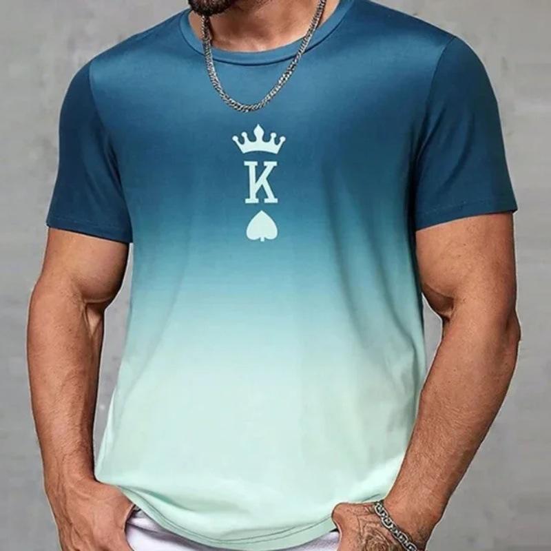 Summer Round Neck 3D Gradient Spade K Pattern Print Top Fashionable Casual Short Sleeved Men's T-shirts