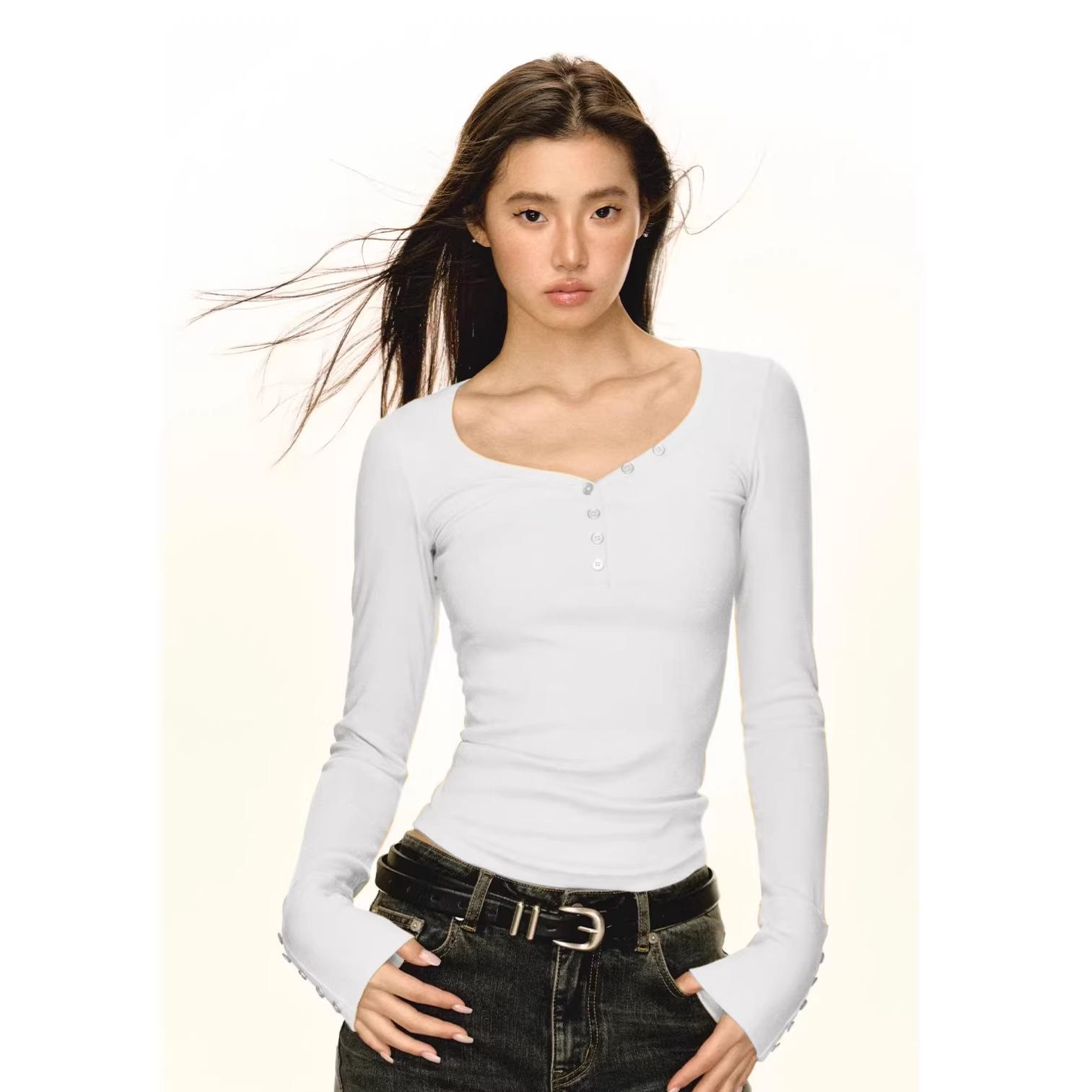 

Women s Retro V-Neck Button-Up Long Sleeve T-Shirt, Slim Fit Ribbed Base Layer for Spring/Autumn M белый