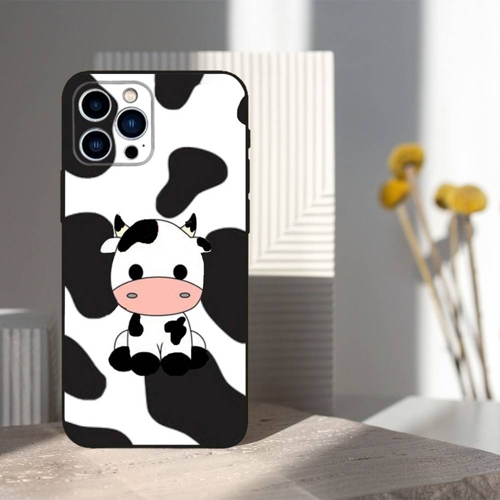 Cute Cartoon Print Cow Phone For iPhone 13,12,15,14,11,16,17,Plus,Pro Max,XS,X,XR,SE,Mini,8,7,Soft Silicone Black