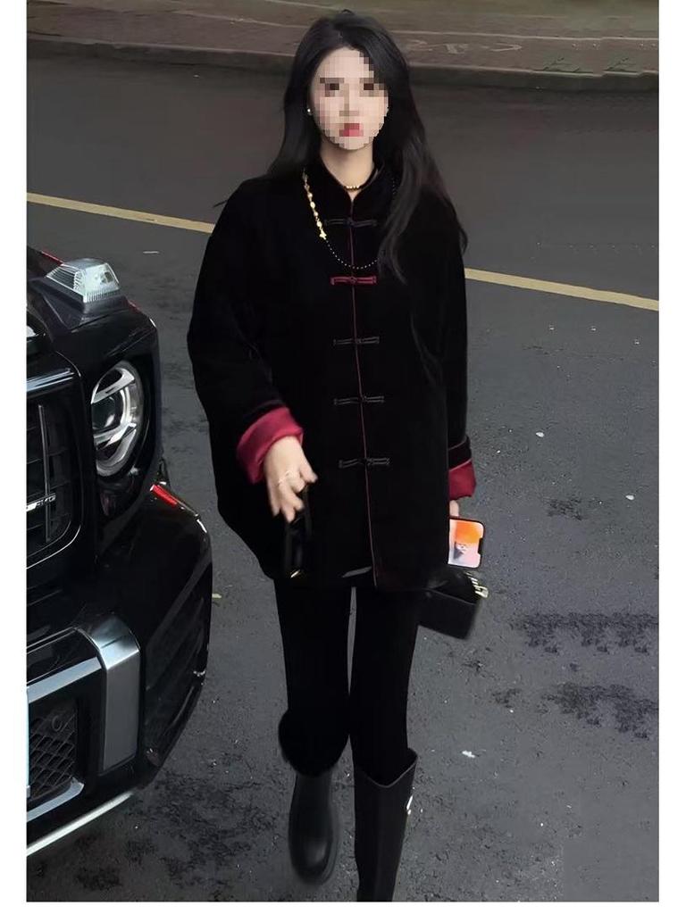 Palton de bumbac lejer în stil chinezesc pentru femei - Toamnă & Iarnă, Gros, Mărime mare, Cu nasturi