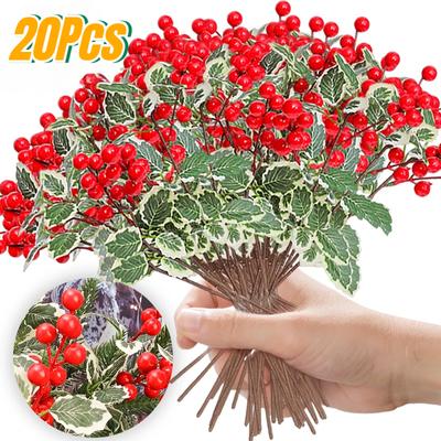 Red Berry Branch Christmas Fake Holly Leaves Flower Xmas New Year Party Home Decoration DIY Packaging Gift Crafts