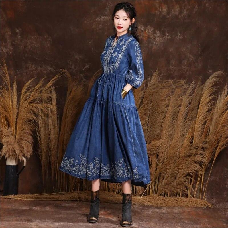 Johnature Niche Cotton Embroidery Frenulum Solid Color A-Line Dress Woman Spring Half Sleeve V-Neck Dress