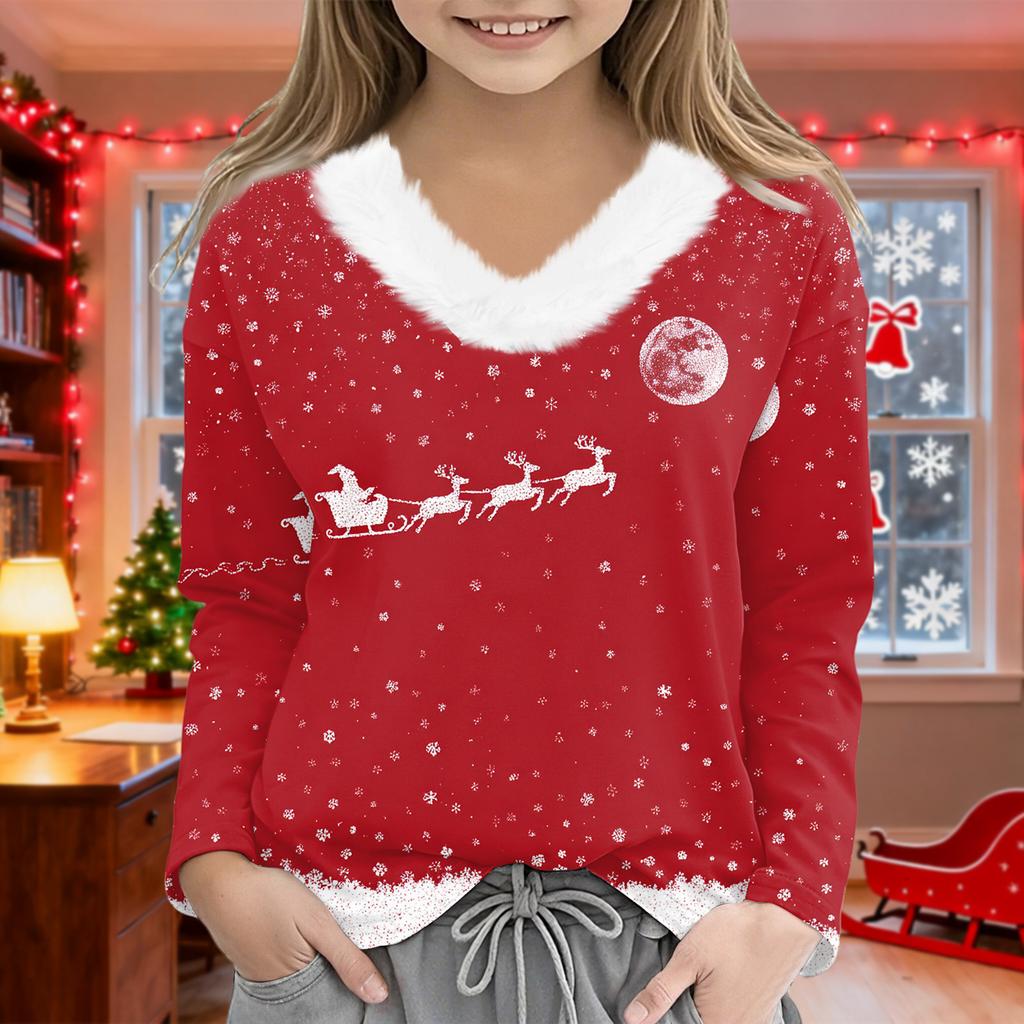 Christmas Day Girls Long Sleeve T Shirts Kids  Girls' V-Neck Tee Christmas Print Long Sleeve Top