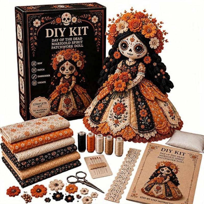 Day Of The Dead Handmade Skull Doll DIY Kit Patchwork Sewing Craft Set for Adult Hobbyist Halloween Party Decor Creative Gift