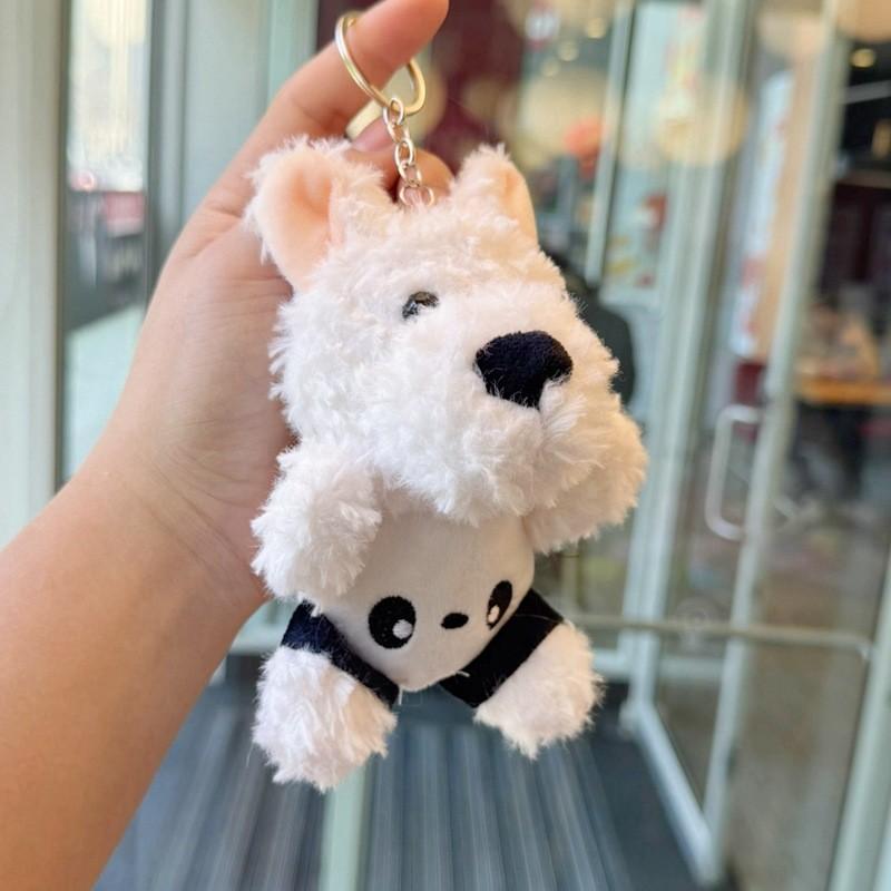 Stuffed West Highland Terrier Plush Keychain With Pearl Chain And Gold Keyring For Bag And Car Accessories
