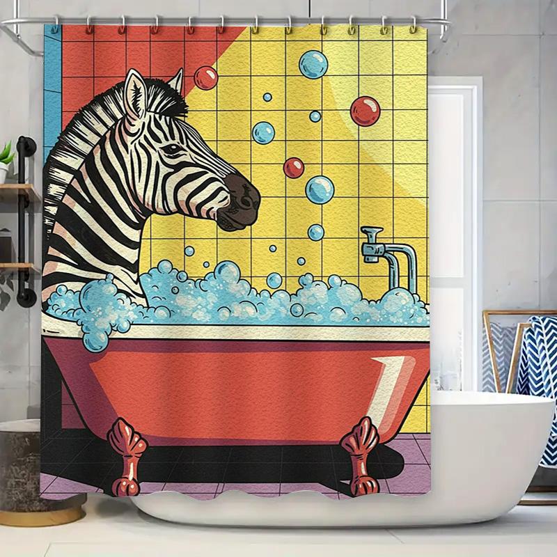 Animal Pattern Pop Art Shower Curtain Zebras Bathing In A Bubble Tub Red, Blue, Yellow Colorful Background Bathroom Decor Home A