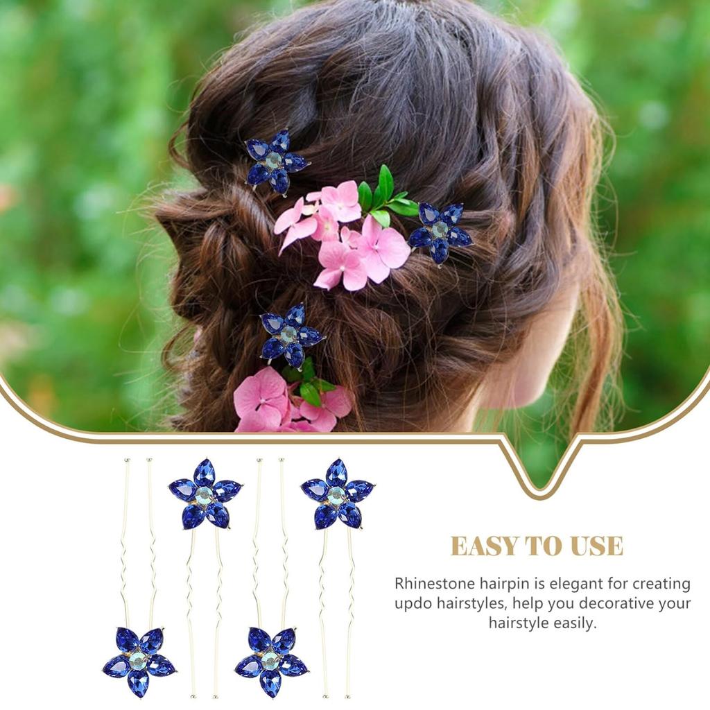 4pcs Rhinestone Flower Hair Pin Wedding U Shaped Hair Pins Hair Pieces Bride Hair Clips Hair Decorations-Blue